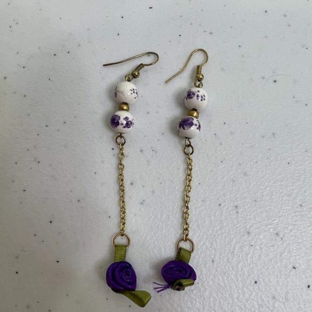 Purple Flower Earrings‎ Chain Long Ribbon Gold Tone Beaded Statement Romantic